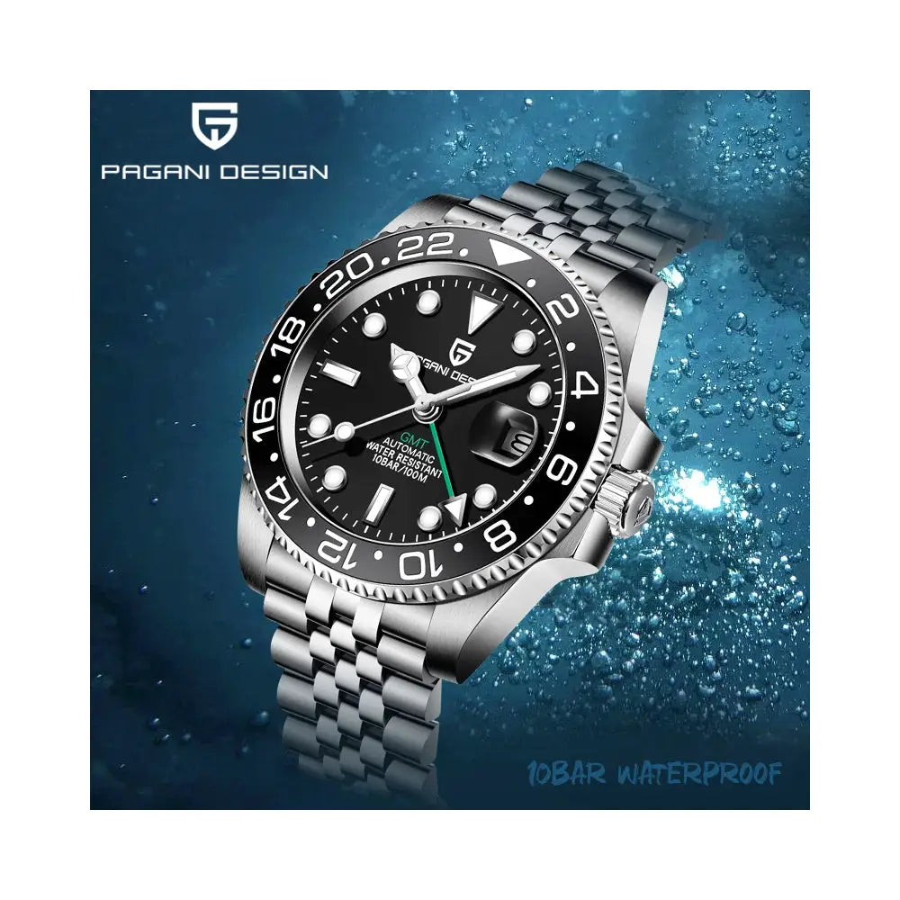 Pagani Design PD-1662 men's stainless steel GMT automatic watch with black dial and ceramic bezel; 10 bar waterproof