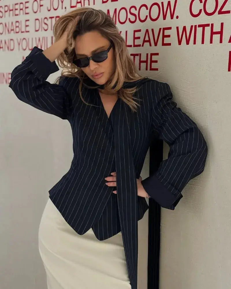 Trendix Elegant Blazer 2 Piece Set in navy pinstripe with scarf tie and white pencil skirt, Simples Market