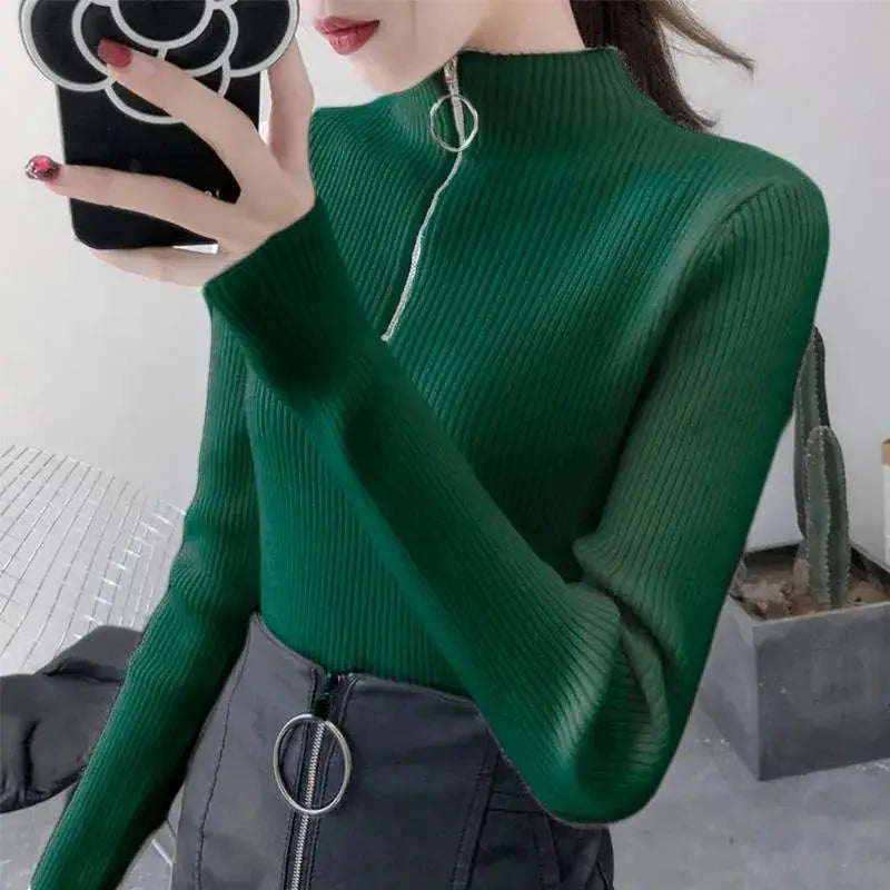 TrendWeave Zipper Half High Neck Knit Sweater Pullover For Women Autumn Winter Slim Solid Knitwear