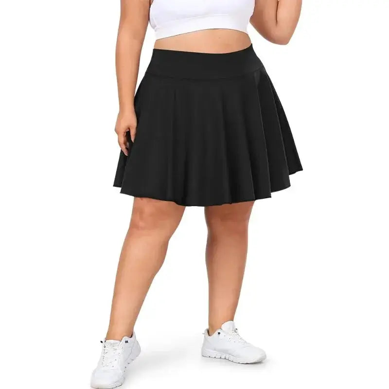 Plus-size pocketed fitness short skirt, black high-waist athletic skirt for workouts