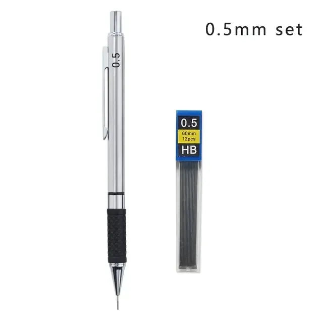 2-piece metal mechanical pencil set with textured grip and 0.5mm HB lead pack
