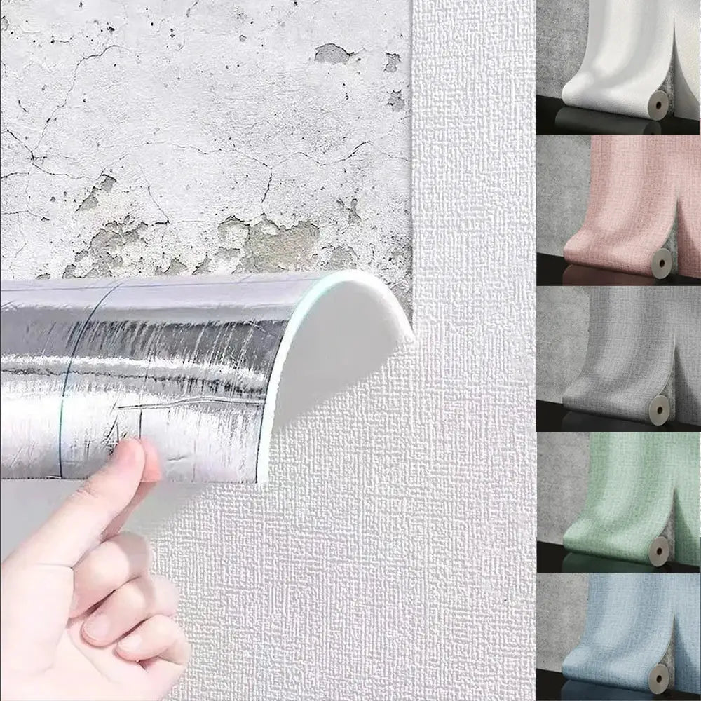 Simples Market 50cm self-adhesive foam wall panel with 3D linen texture; white sample with six color options shown