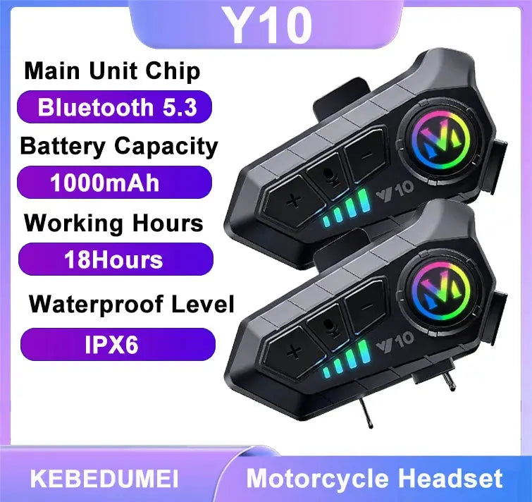 Y10 Motorcycle Bluetooth 5.3 Helmet Headset IPX6 Waterproof Colorful Lights Handsfree Edition