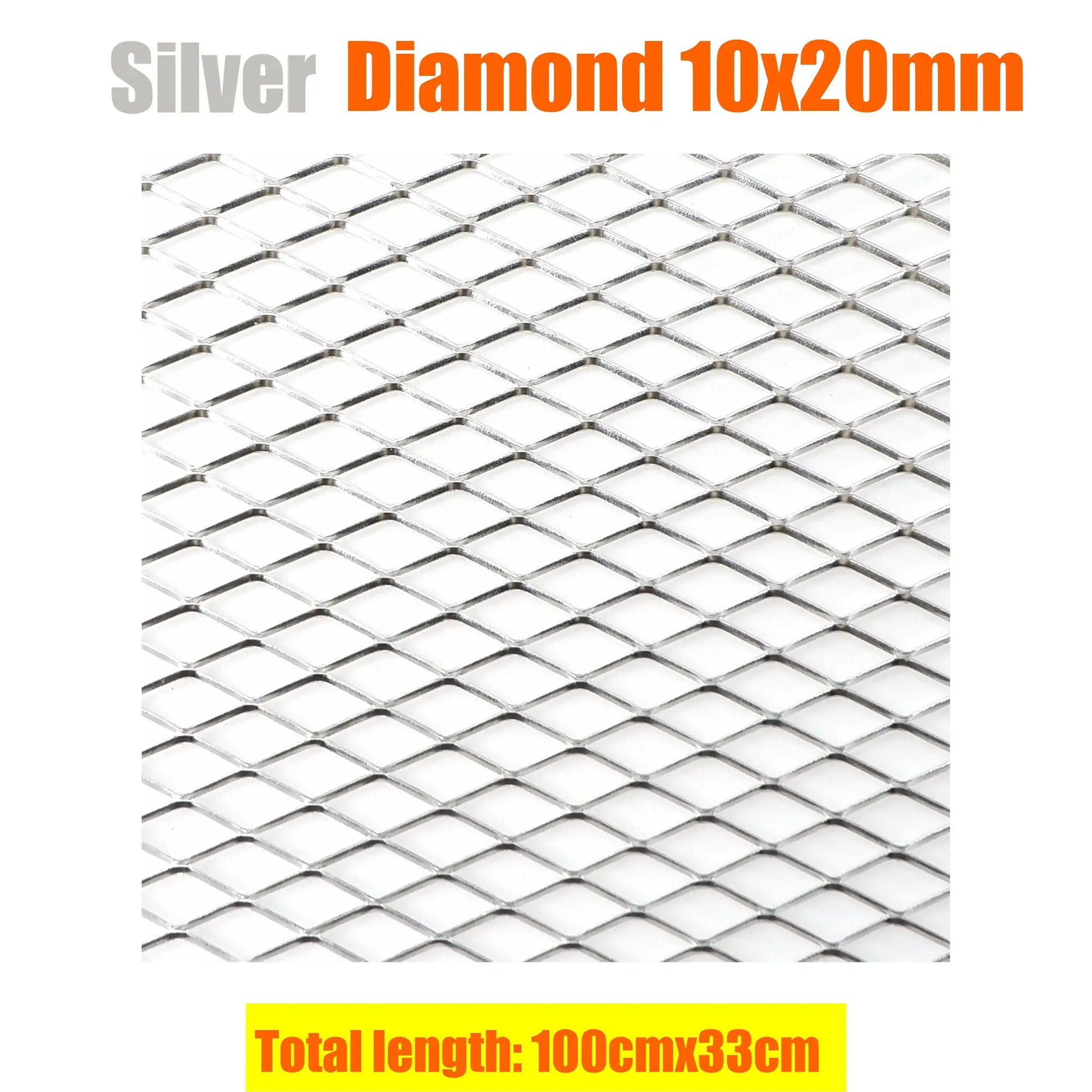 Aluminium racing car bumper grille mesh, diamond pattern, 100x33 cm, silver metal