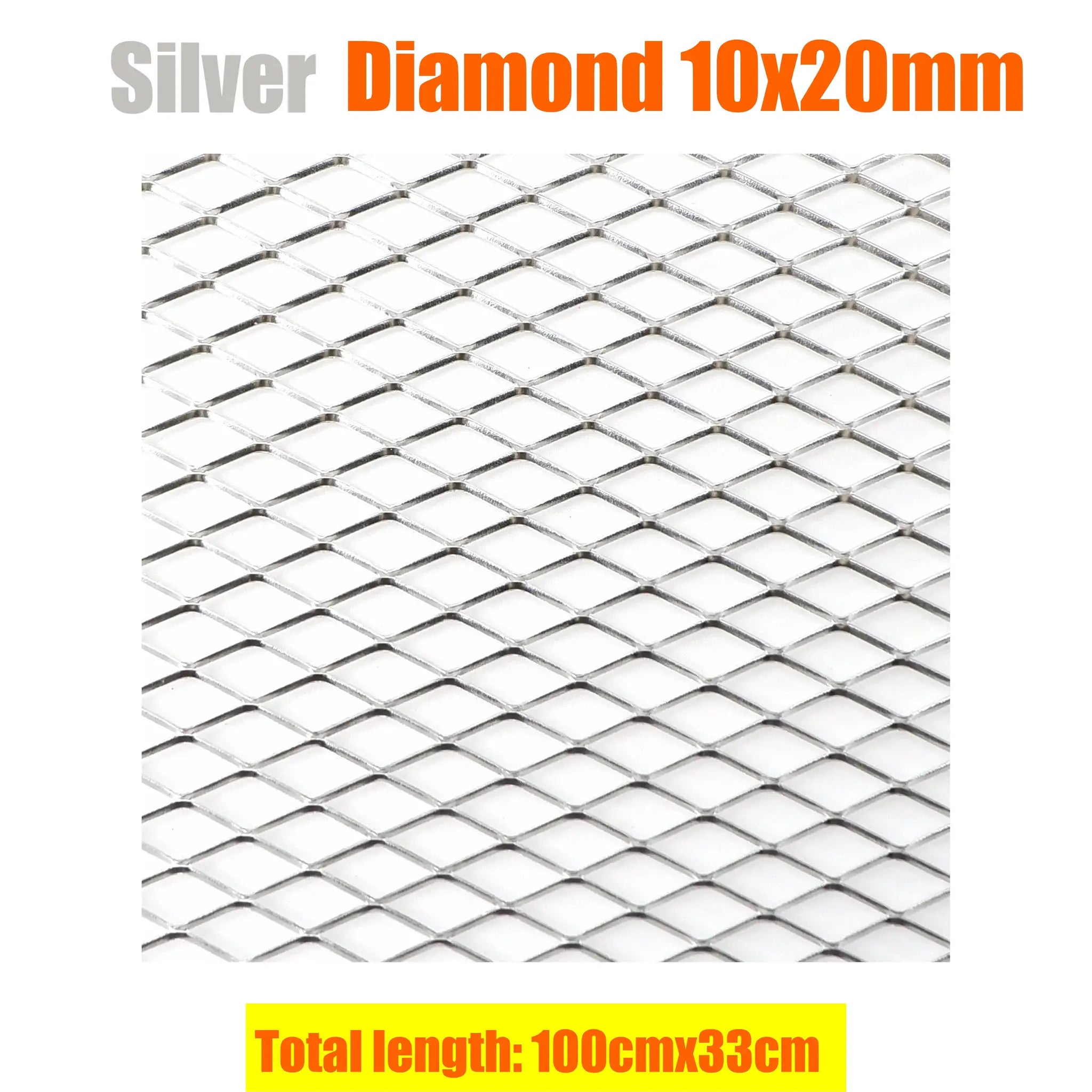 Aluminium racing car bumper grille mesh, diamond pattern, 100x33 cm, silver metal