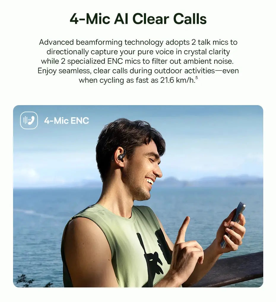 Baseus Eli Sport 2 open-ear wireless earphones with earhooks worn by a man outdoors near the sea