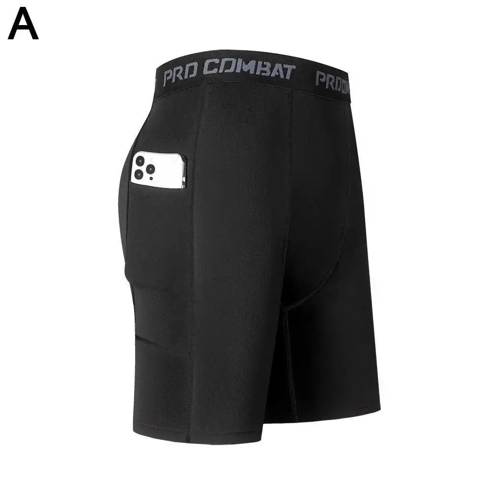 Men's black compression shorts with pocket and Pro Combat waistband; quick-dry breathable base layer
