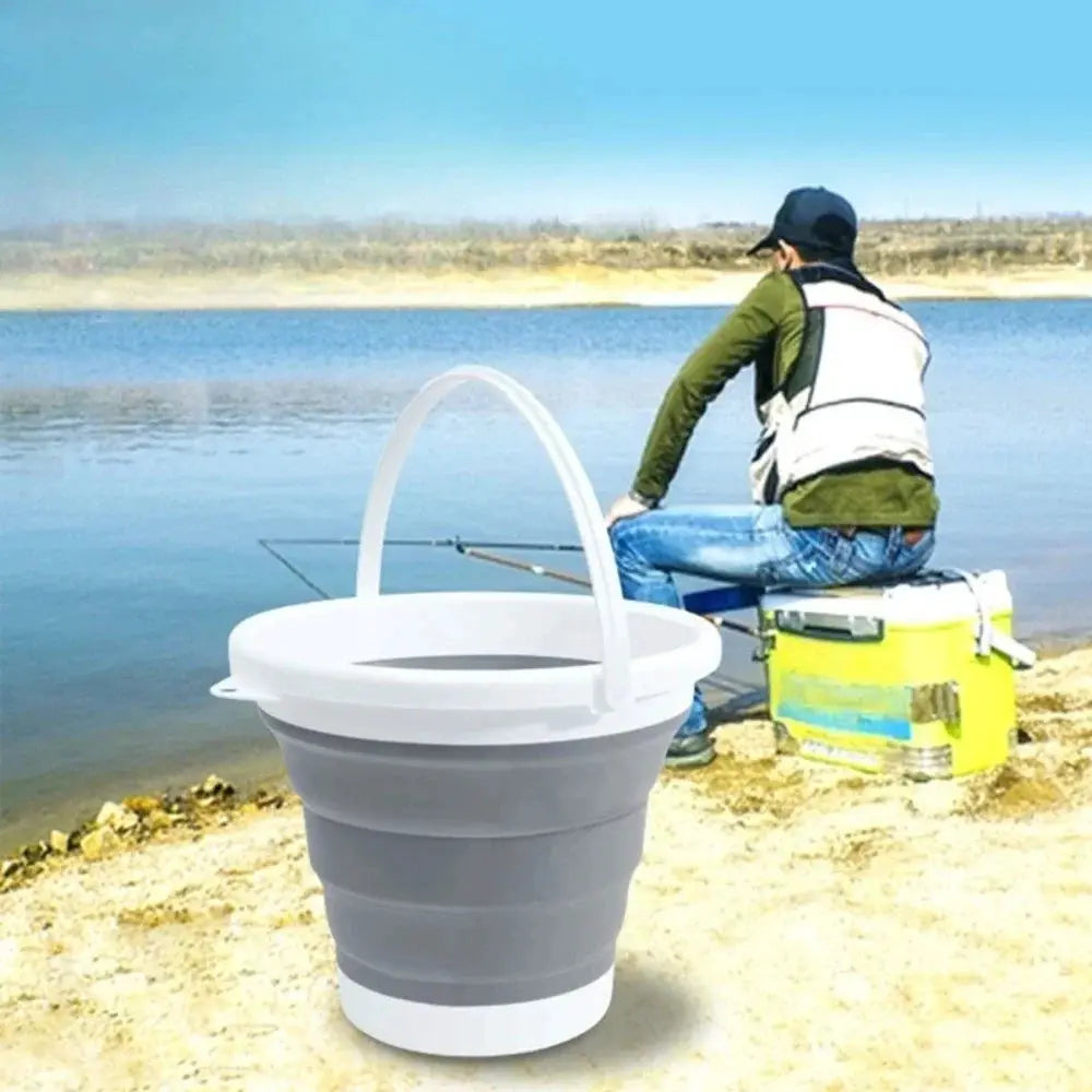 3-Liter Foldable Bucket by Simples Market, portable grey plastic bucket with white rim for outdoor car wash and fishing