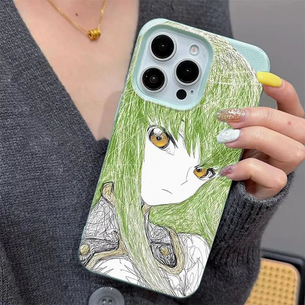 KawaiiCase Anime Sketch Green Haired iPhone Case For 11 Pro Max To 17 Pro Max Clear Half Wrapped Silicone Protection