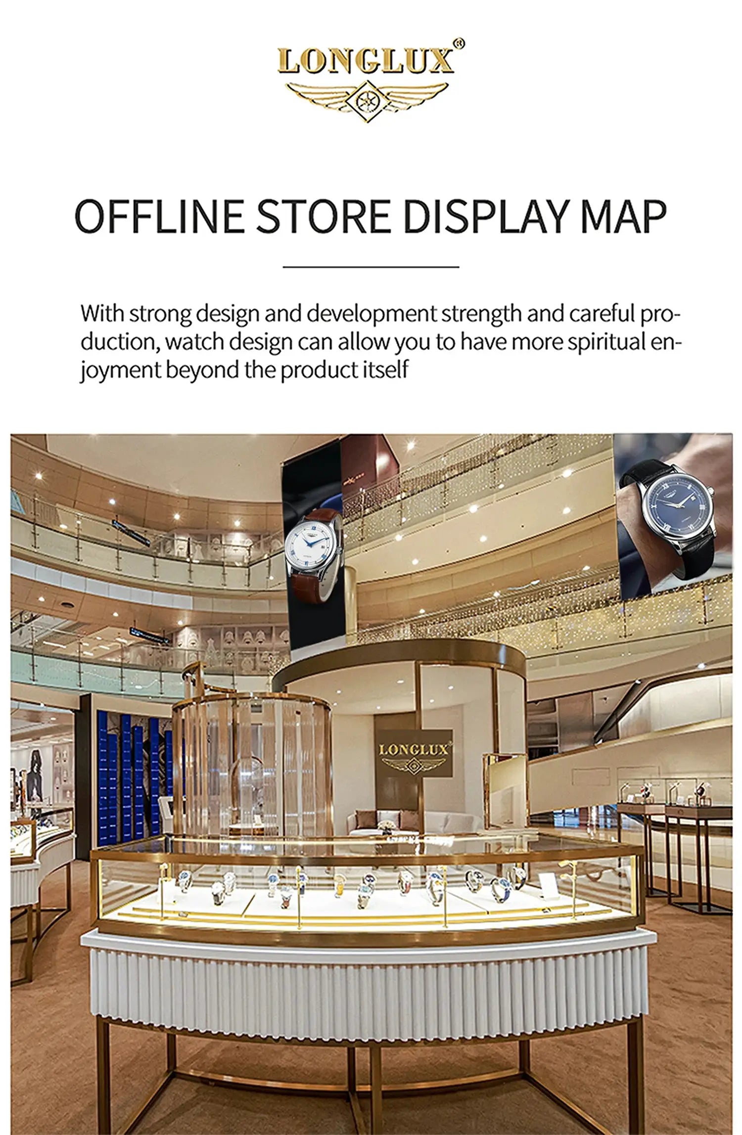 LONGLUX watches display at Simples Market mall showroom; leather-strapped men's timepieces on a glass counter