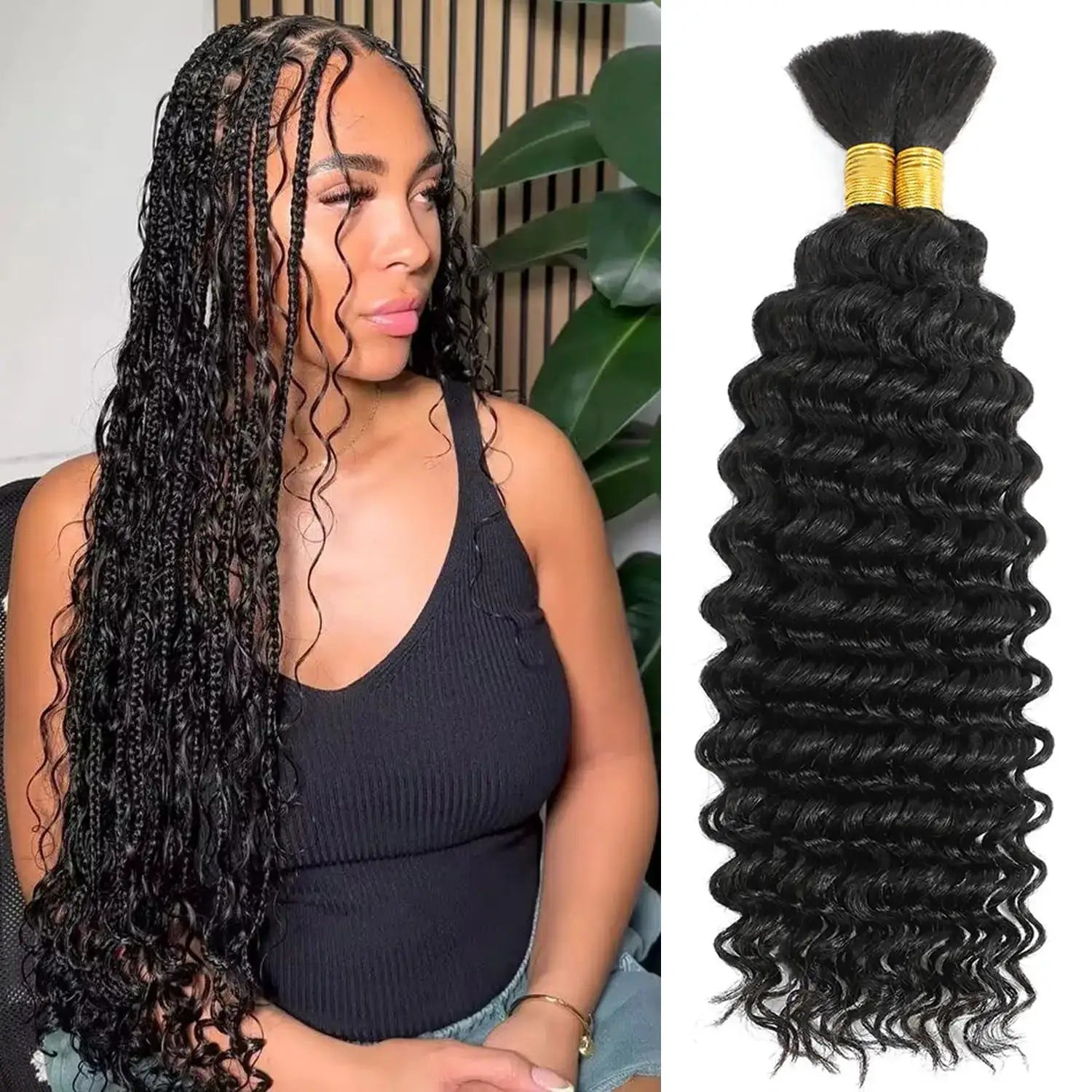Deep-wave human braiding hair bundles, 100g, black