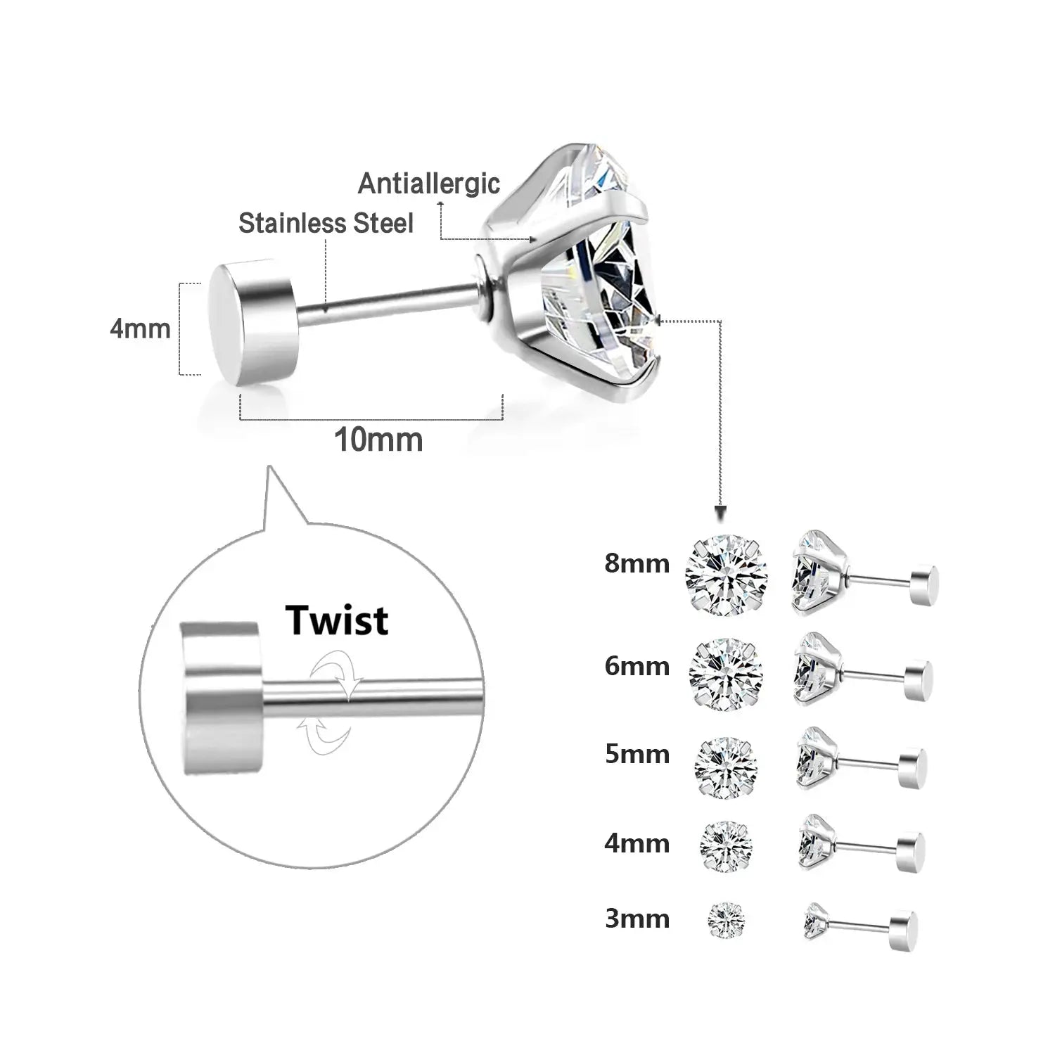 LUXUSTEEL stainless steel crystal stud earrings for tragus, 4-prong round clear cubic zirconia, twist back, 2-piece set