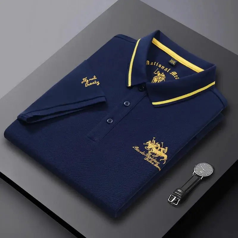 Navy polo shirt for men with yellow collar trim, gold crest embroidery, short sleeves, Simples Market