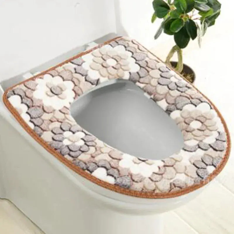 Toilet seat plush cover; beige-brown floral pattern, waterproof and washable