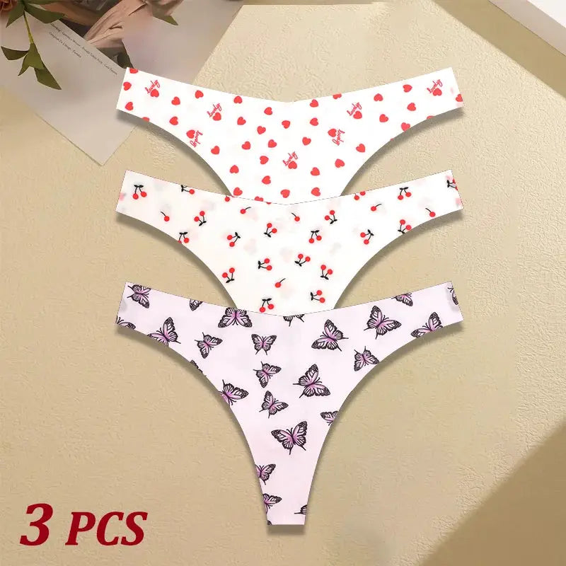 3-pack women's ultra-thin seamless thongs by Simples Market in heart, cherry and butterfly prints (S-XL)