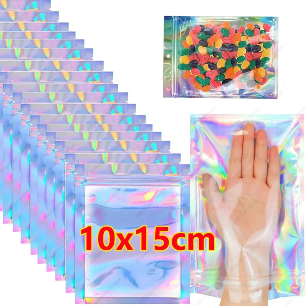 Laser Sealing Bags Holographic Plastic Pouches Resealable For Jewelry Gift Packaging Food Candy Kitchen Storage