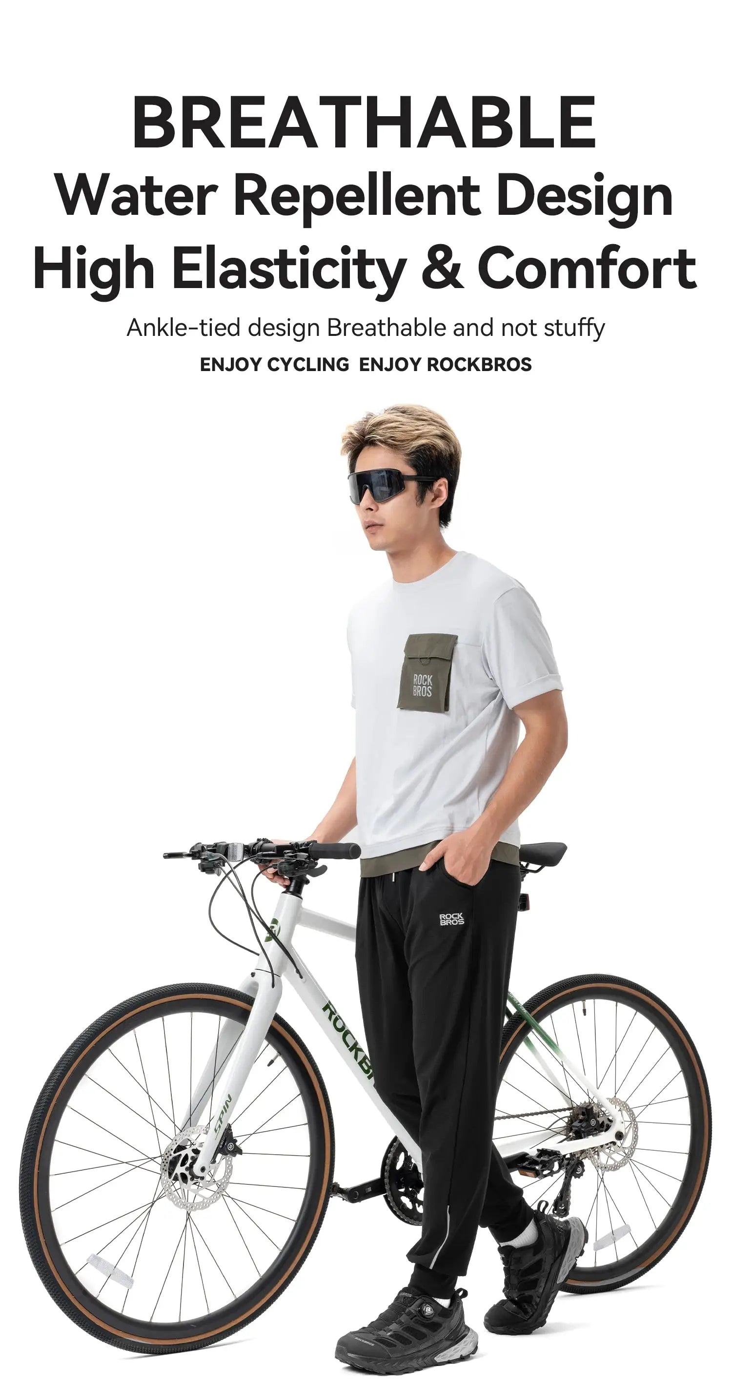 Rockbros breathable outdoor long pants for running and cycling, black with logo on thigh