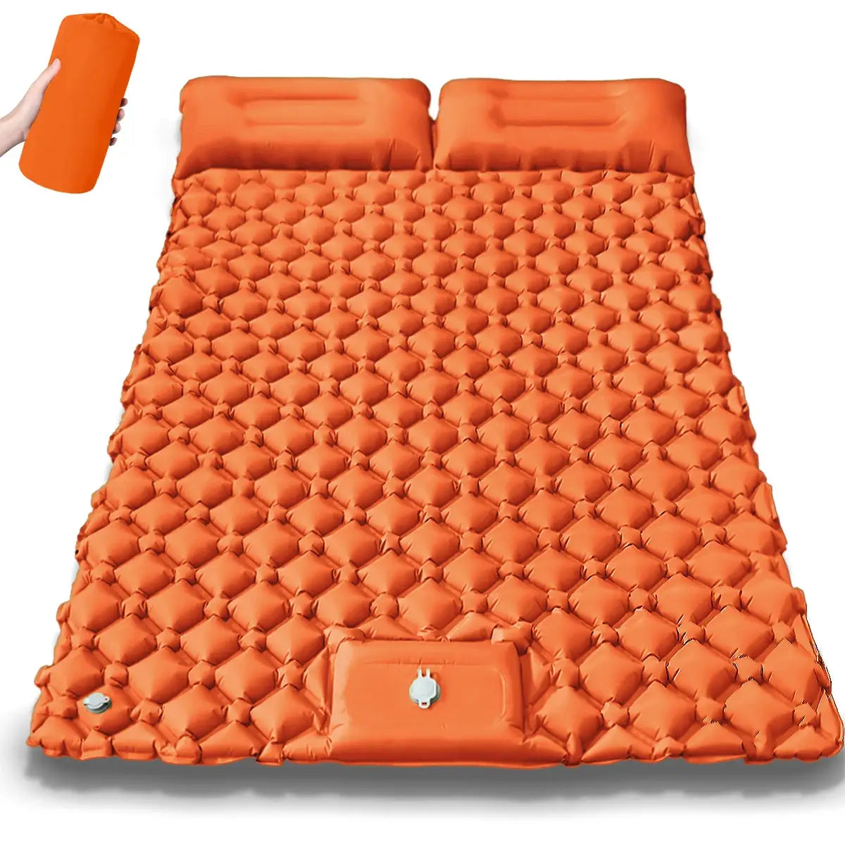 Simples Market orange double air mattress camping bed with built-in pump; tufted, waterproof, portable.