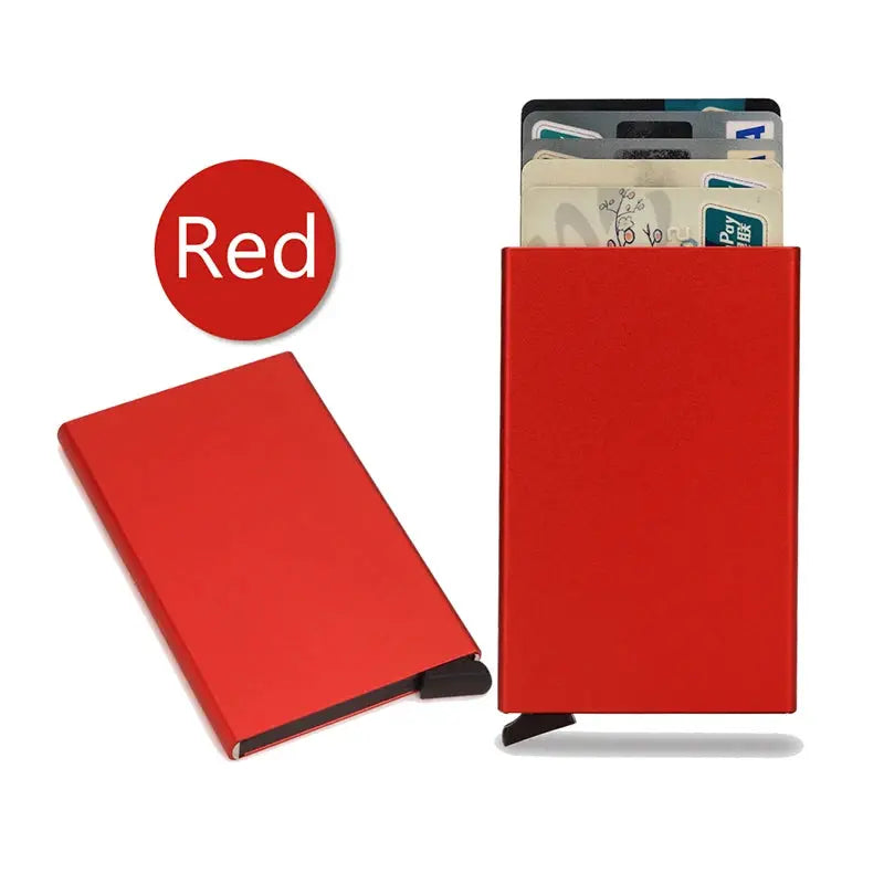 2 red aluminium RFID card holders by Simples Market; minimalist slim wallets with cards