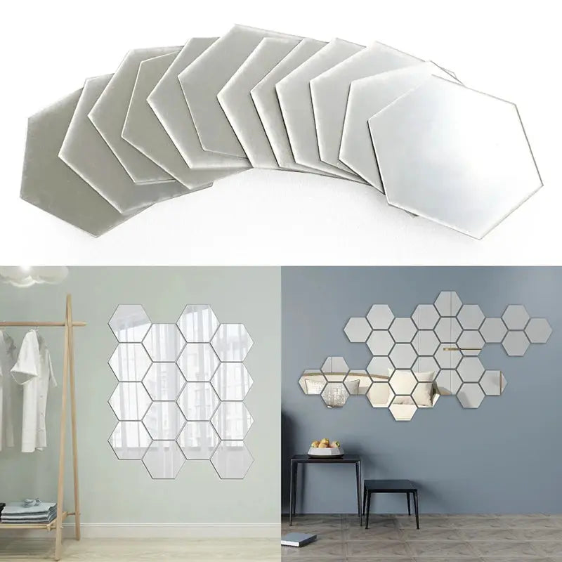 12 Piece Set Geometric Solid Hexagonal Mirror Wall Stickers With Built In Adhesive And Removable For Home Decor