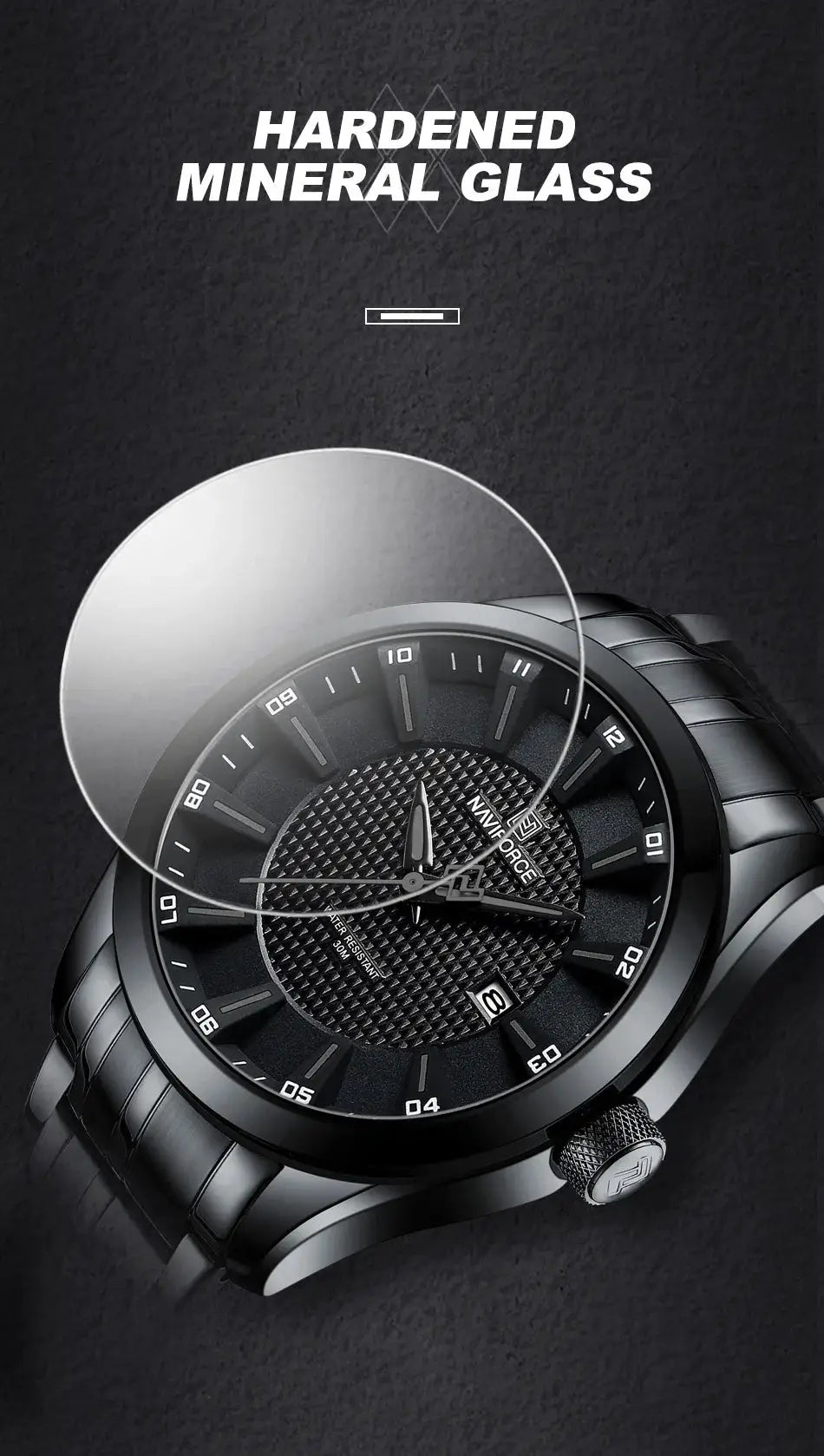 Naviforce men's watch with stainless steel strap, black dial, date window, hardened mineral glass