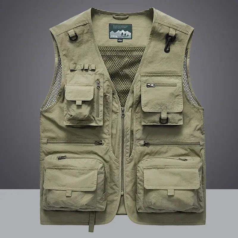 Multipocket quick-dry mesh fishing vest Simples Market, olive green sleeveless tactical vest with multiple pockets