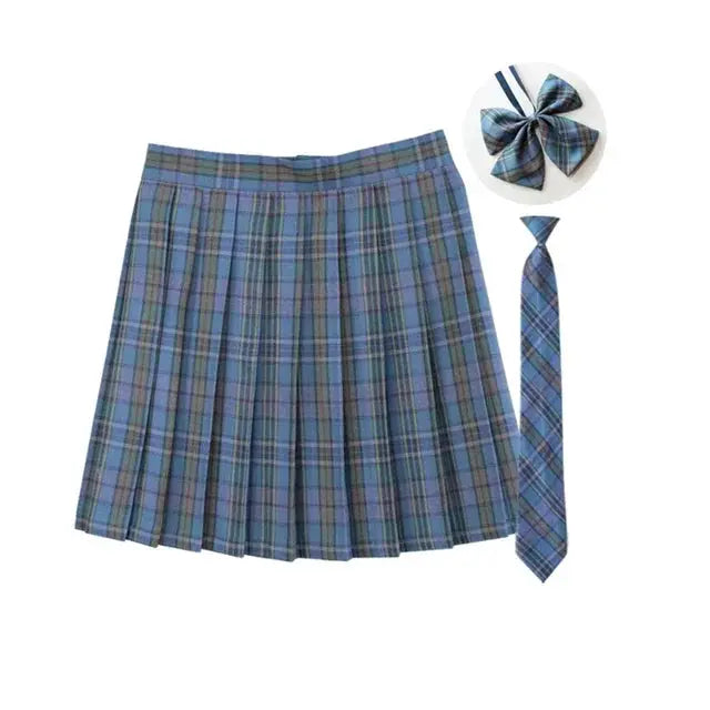 Women's blue plaid pleated skirt with matching necktie and bowtie; Simples Market school uniform set