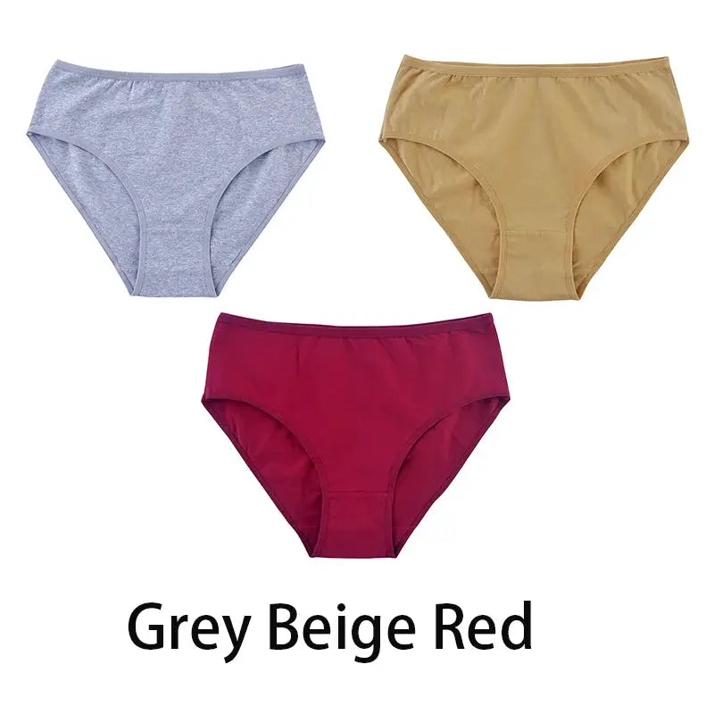 Women's 3-pack seamless cotton panties in gray, beige and red; soft briefs