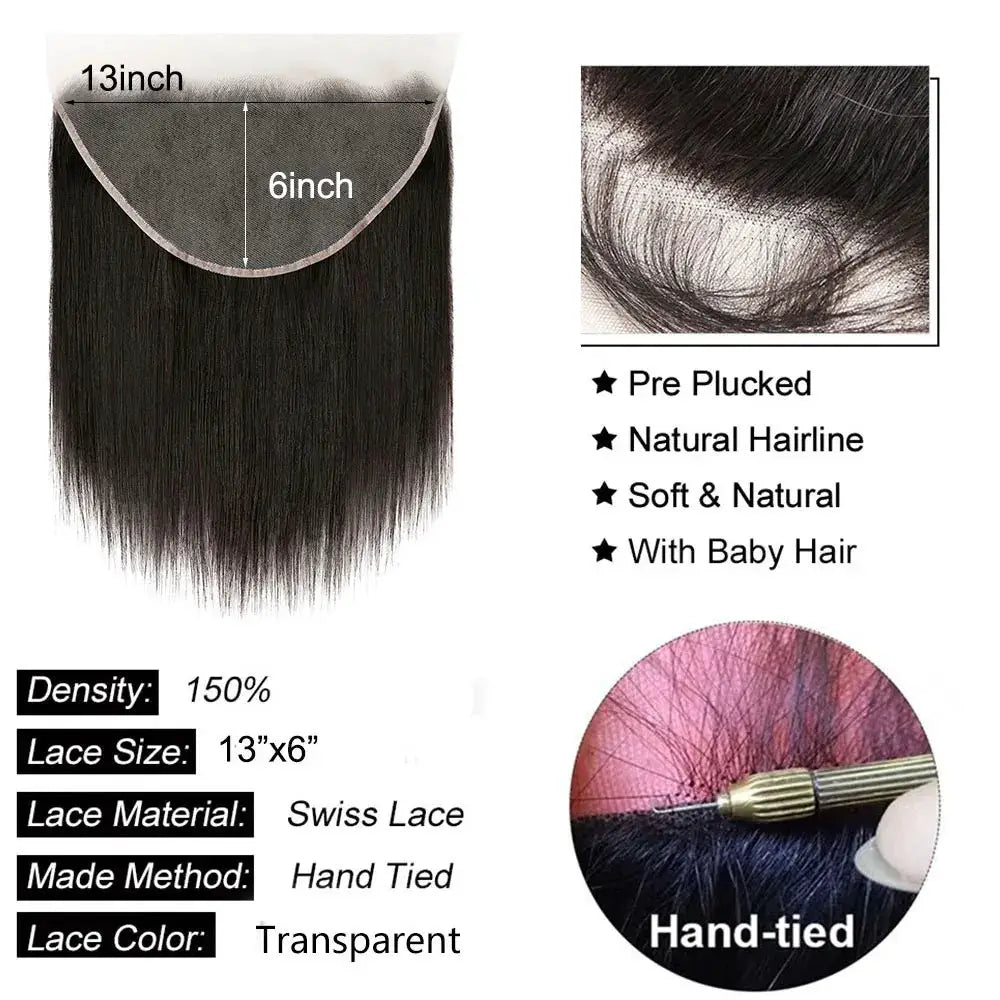 Simples Market straight human-hair lace closure and lace frontal, 13x4/13x6, Swiss lace, hand-tied, transparent lace color