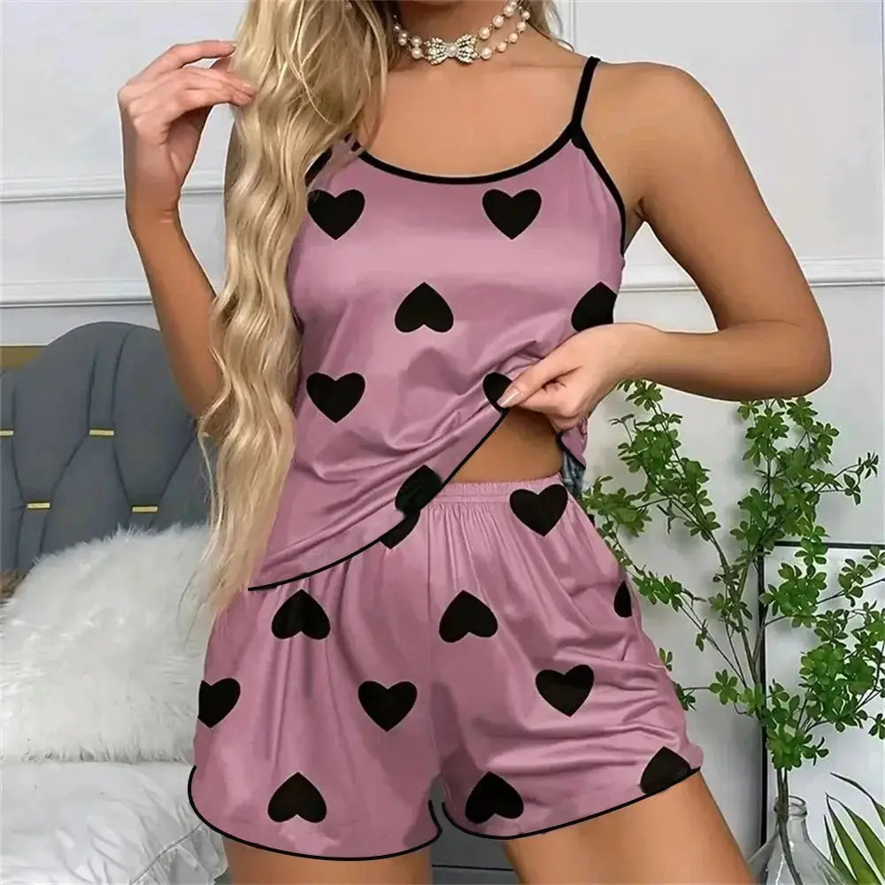 DreamWeave Ice Silk T Shirt And Shorts Pajama Set For Women Pink Heart Print Cozy Summer Comfort