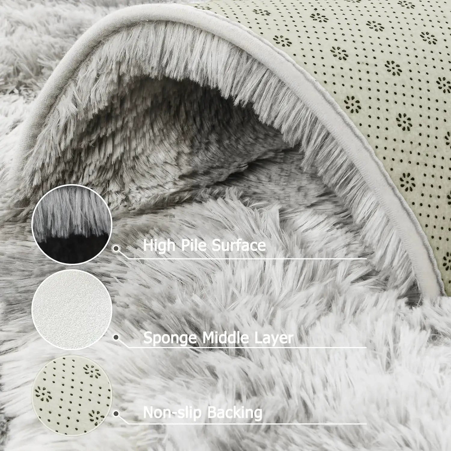 Simples Market tie-dyed dark gray shag rug with high-pile plush surface and non-slip backing.