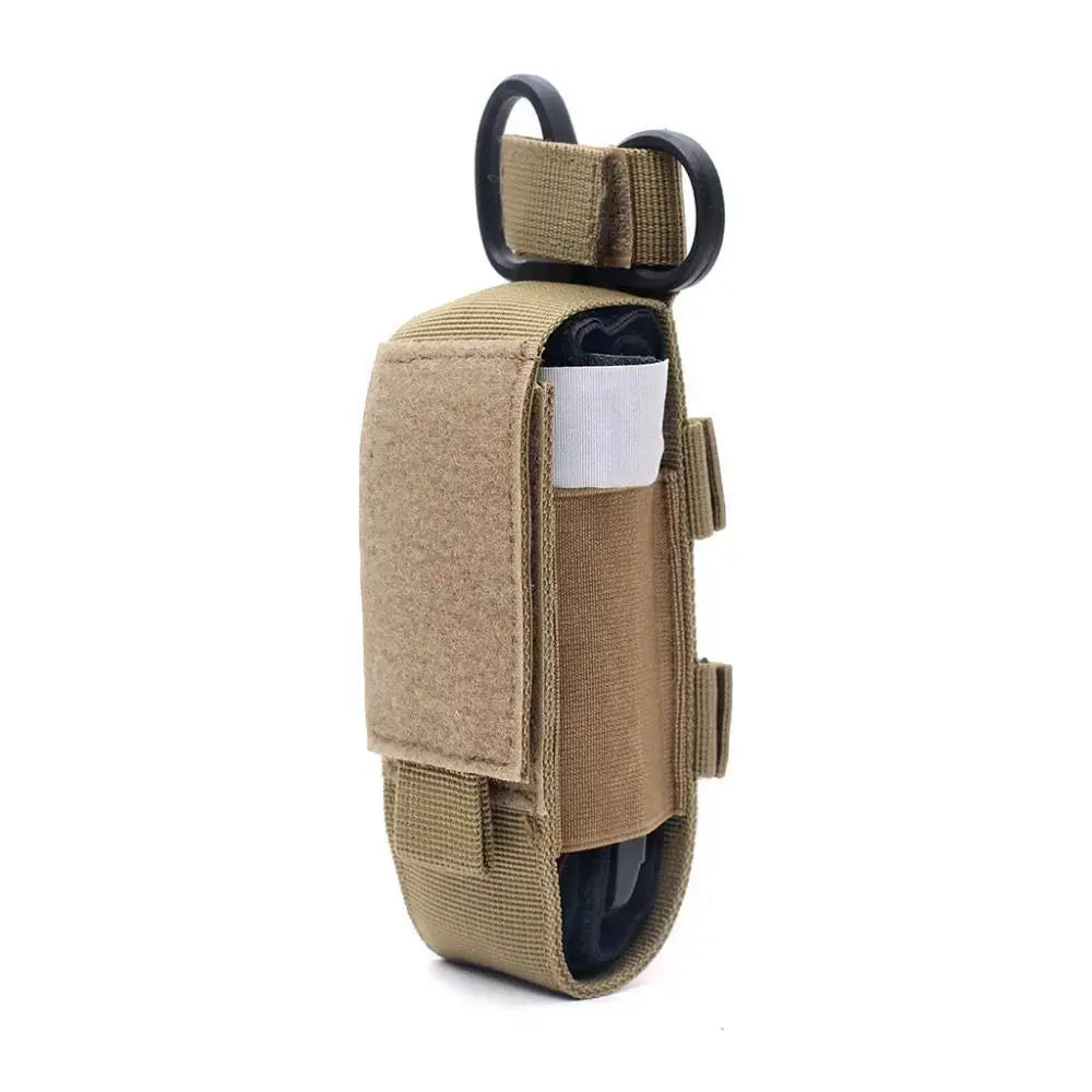 Tan outdoor tourniquet bag with hanging ring, clip straps and side pocket