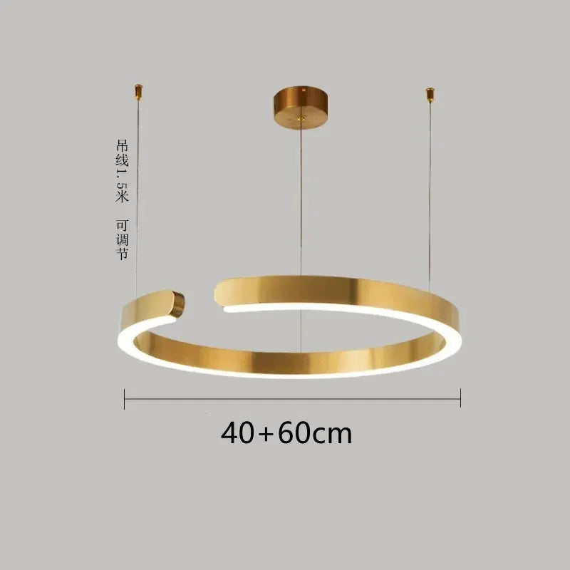 Nordic ring LED pendant lamp in gold finish with white light, 40–60 cm adjustable drop.