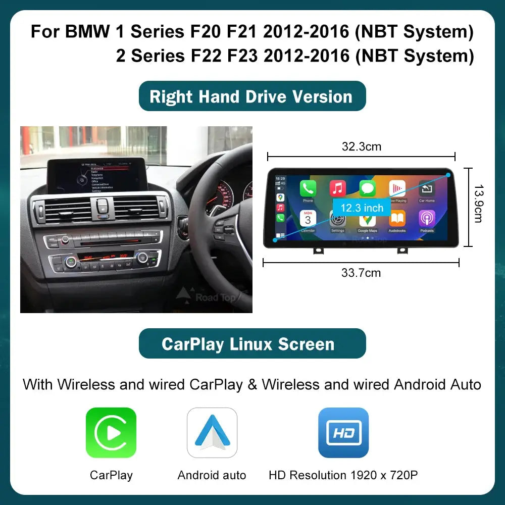 BMW car infotainment display with CarPlay and Android Auto, 10.25–12.3 in wireless/wired multimedia screen, HD 1920x720