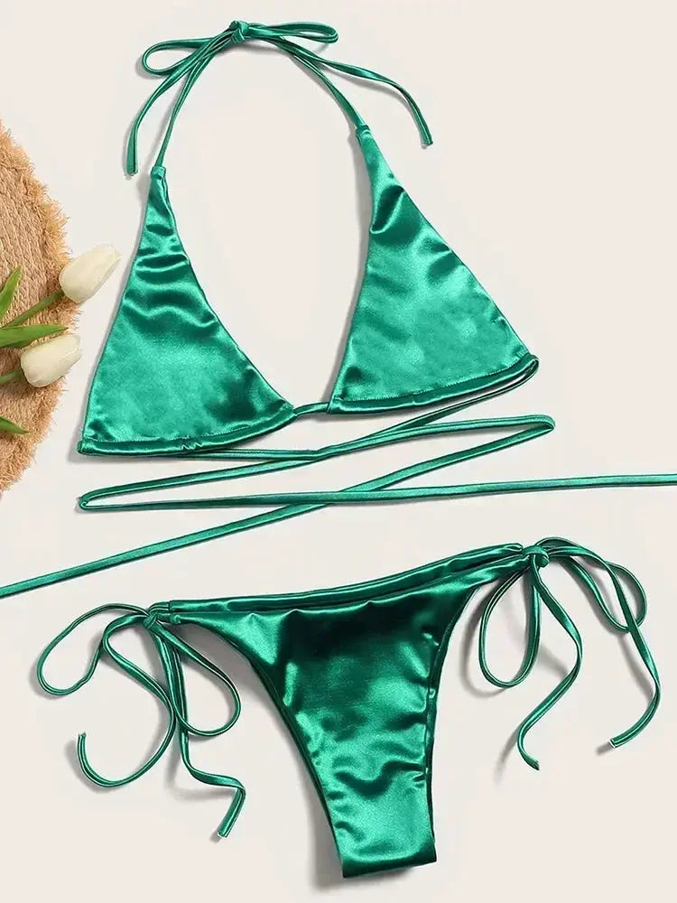 Halter Brazilian metallic satin bikini two-piece swimsuit by Simples Market in emerald green with high-cut bottom