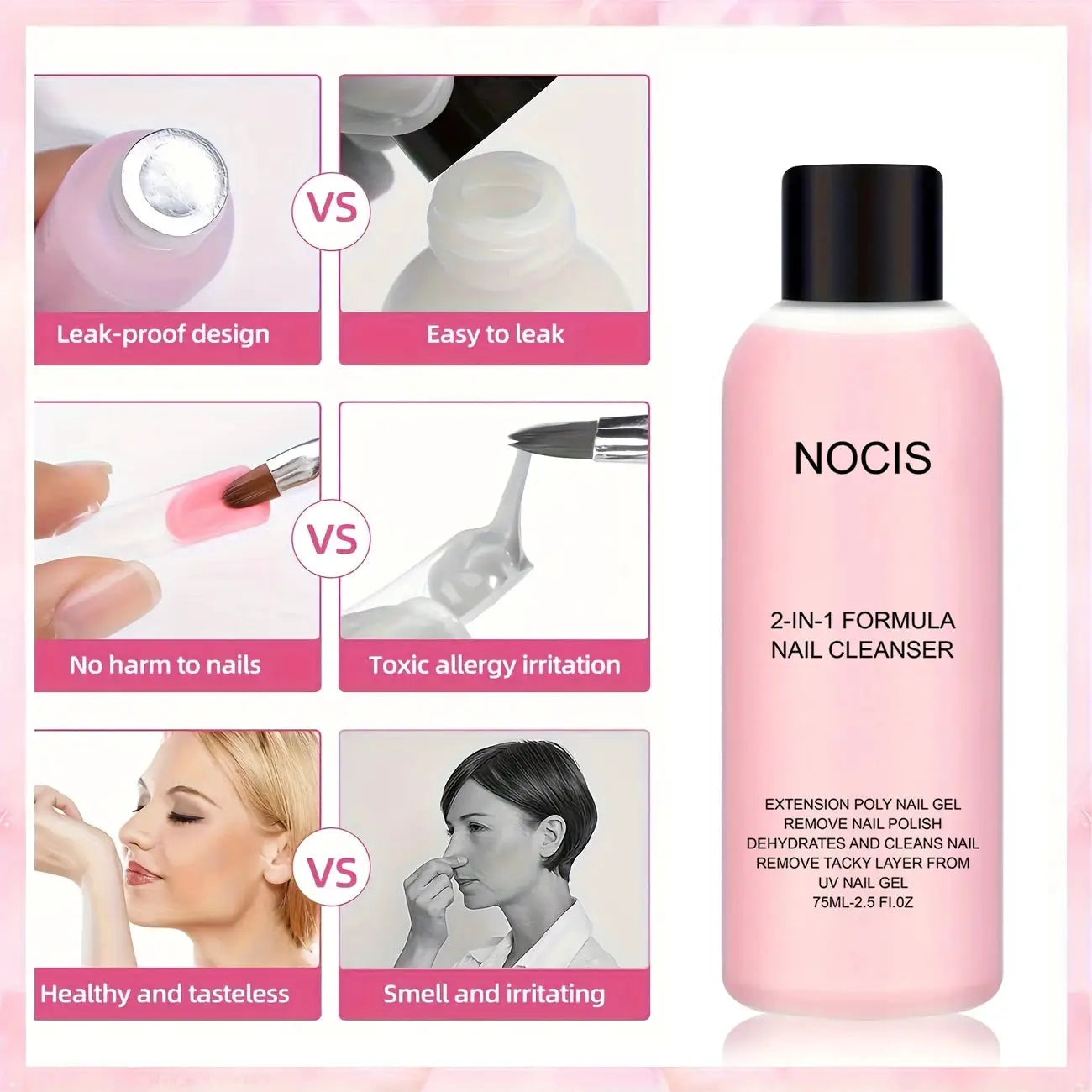 NOCIS 2-in-1 nail cleanser and polish remover in a pink bottle with a black cap