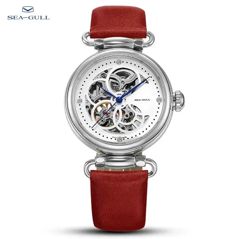 Sea-Gull women's skeleton watch with red leather strap, waterproof stainless steel case, automatic movement