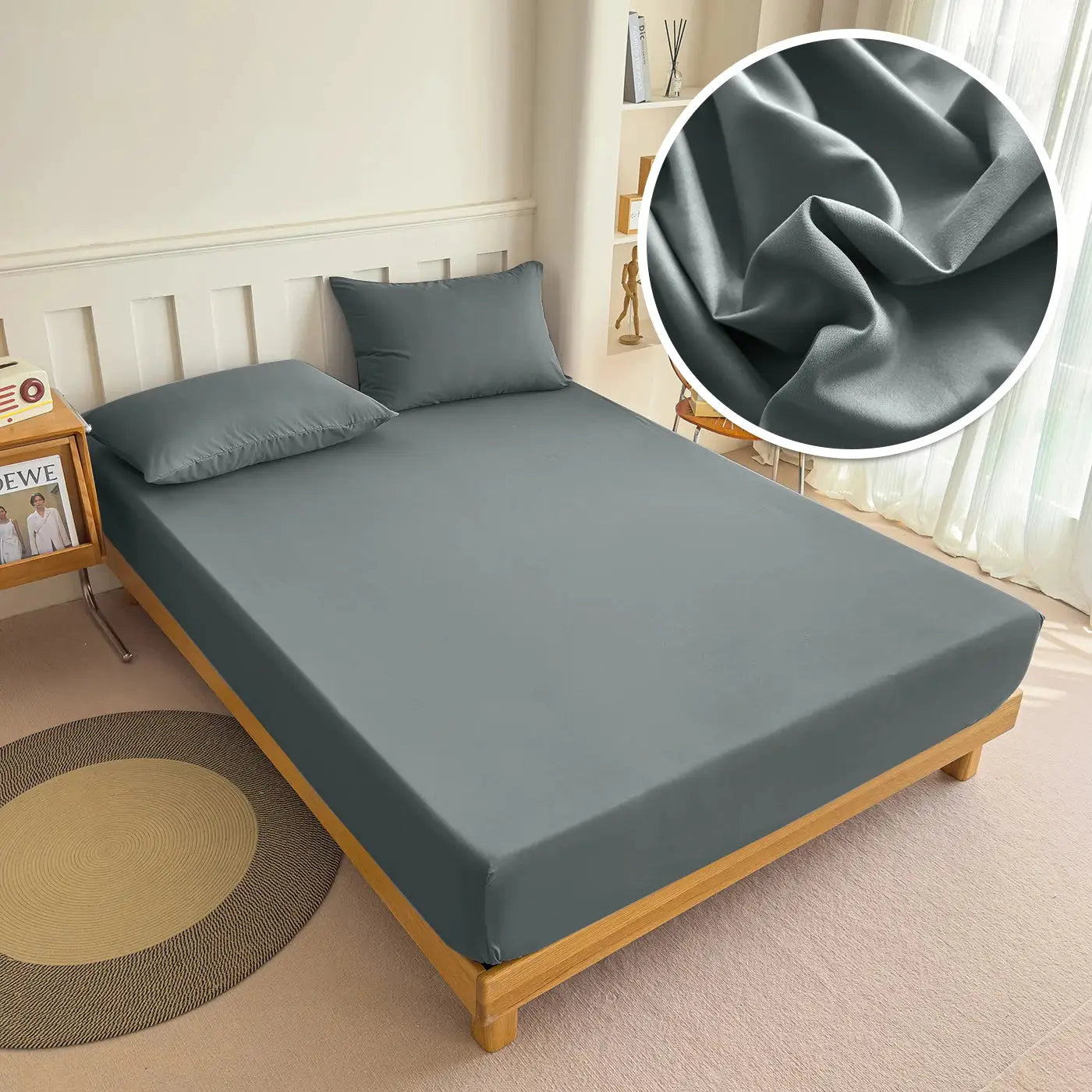 Fitted bed sheet with elastic band, slate grey, 100% polyester, fits 90–180x200 beds