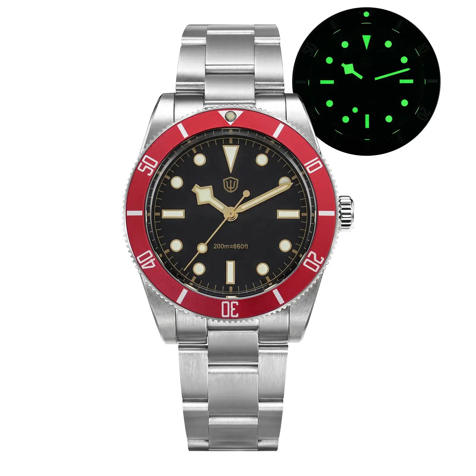 Watchdives WD7922 BB54 dive watch with red bezel, black dial, gold markers, stainless steel bracelet, 37mm, luminous