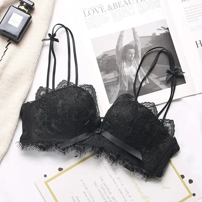 Simples Market lace floral embroidery bralette, black wireless 3/4 cup with adjustable straps and satin bow