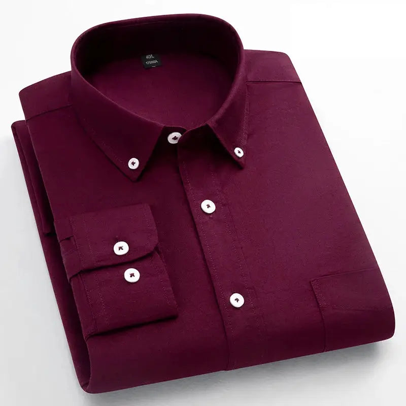 Long-sleeve maroon shirt, 100% cotton, button-down with single chest pocket