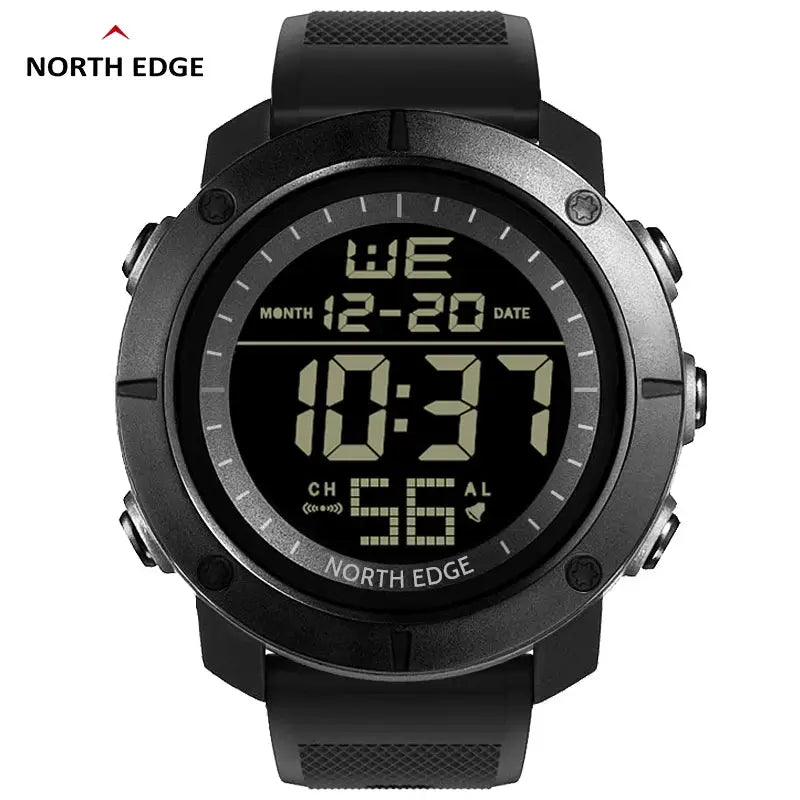 North Edge men's digital wristwatch, black/gray rugged design with backlit display and 50M water resistance