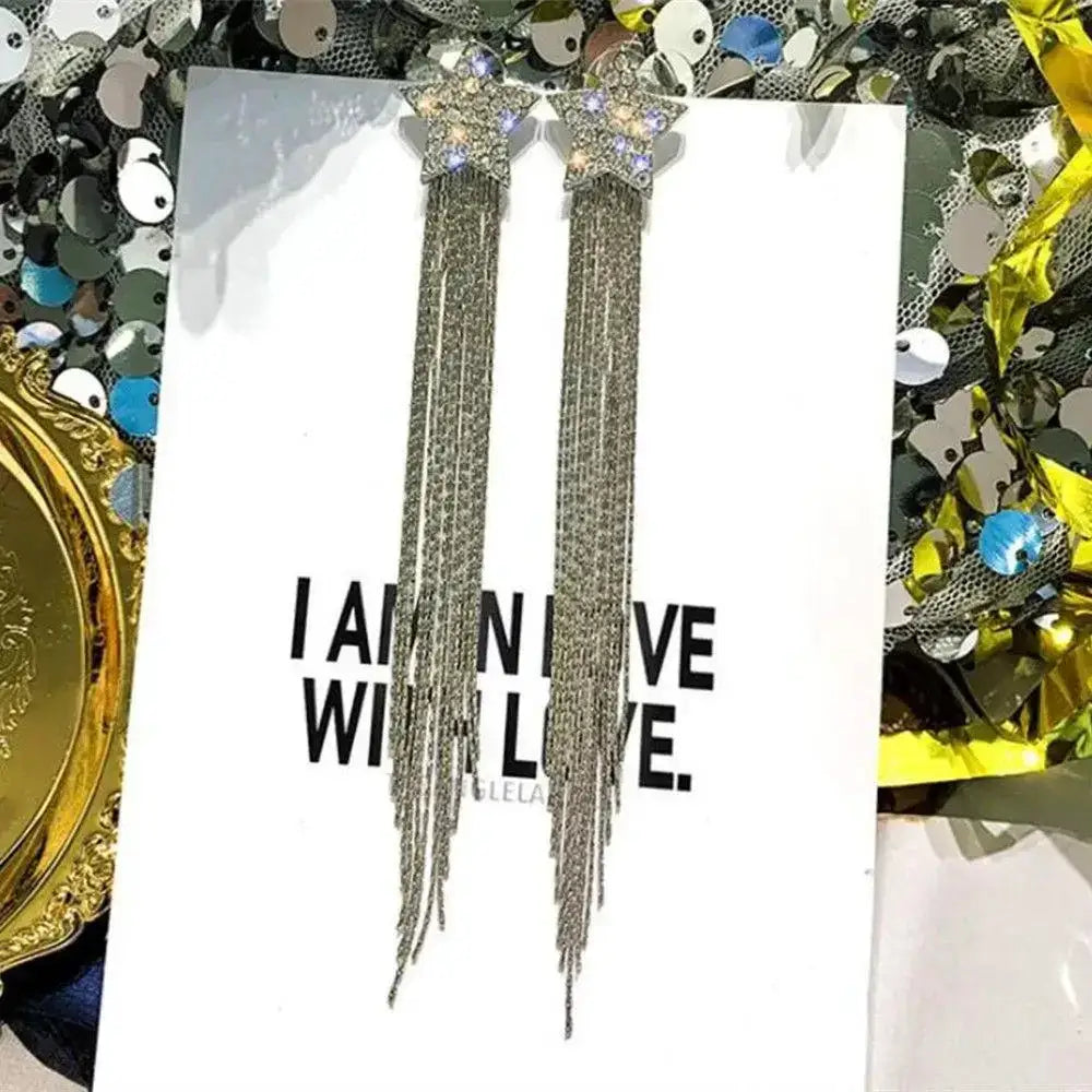 Pair of long fringe earrings in silver-tone zinc alloy with geometric tassels, Simples Market