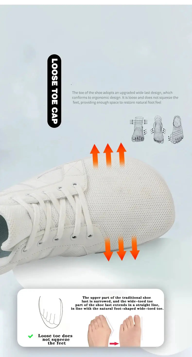 Wide-toed barefoot shoes with white mesh upper for casual walking.