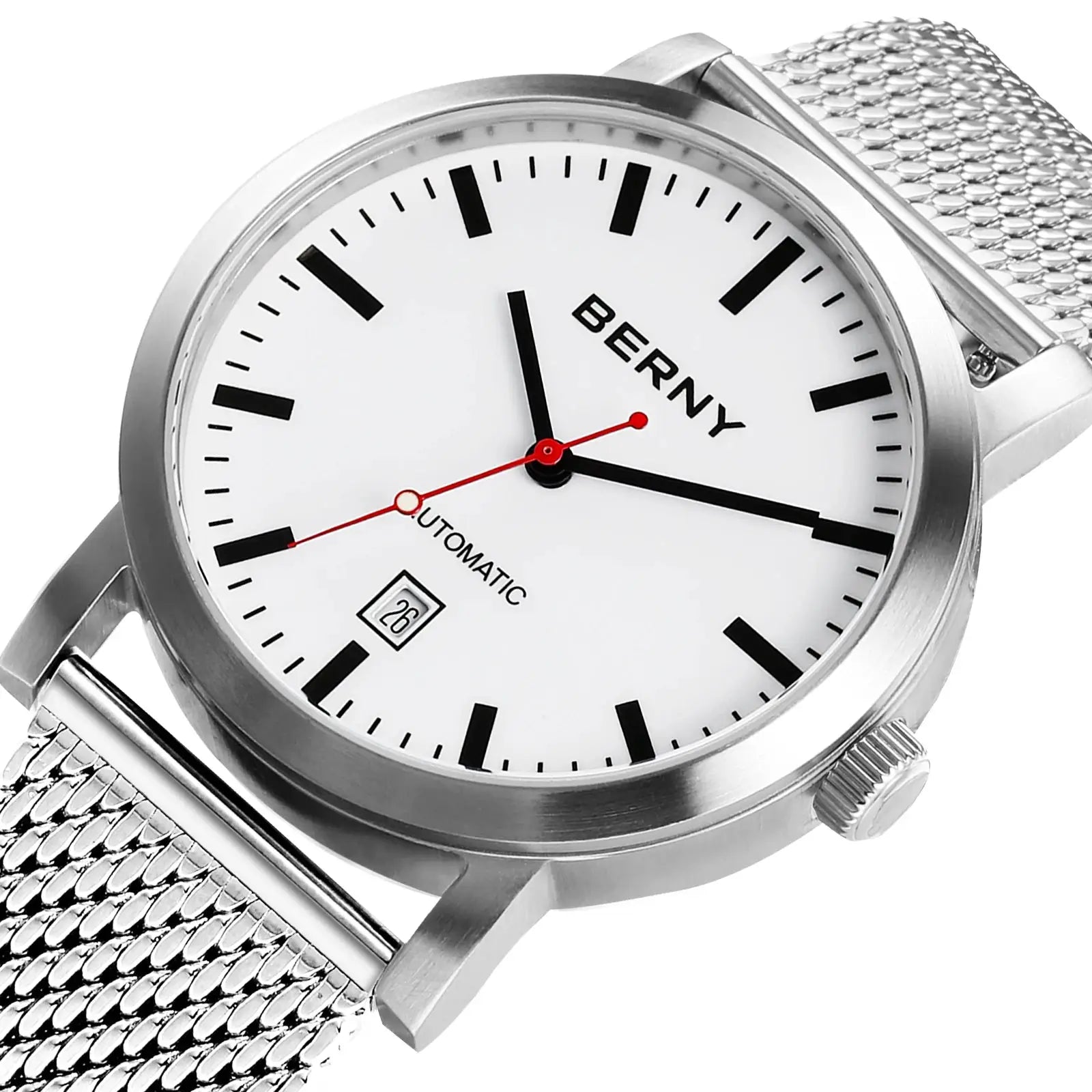 BERNY men's wristwatch with white dial and stainless steel mesh band, automatic movement with date window.