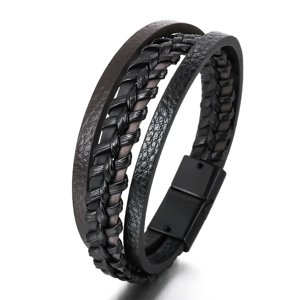Vintage Multilayer Braided Leather Bracelet For Men Stainless Steel Rope Design Jewelry Gift