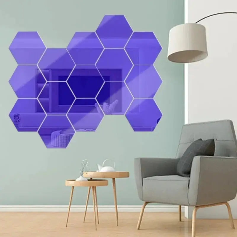 Hexagon acrylic mirror wall sticker set, purple mosaic tiles, 5pcs, by Simples Market