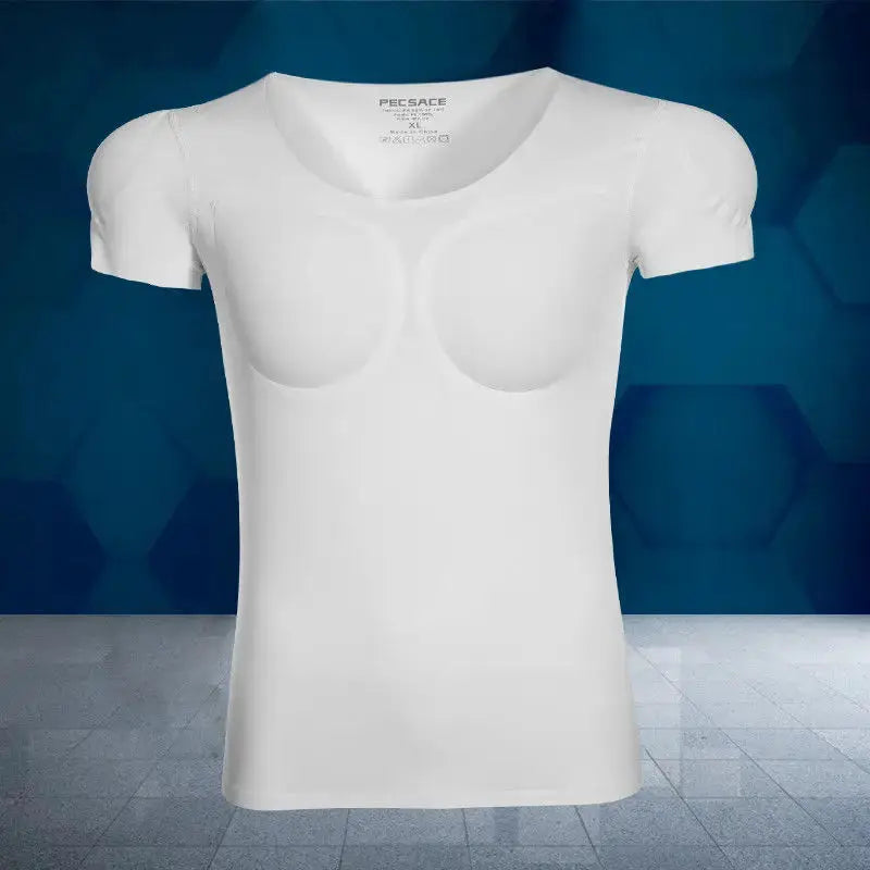 Men body shaper undershirt with built-in chest pads for muscular look, white, Simples Market