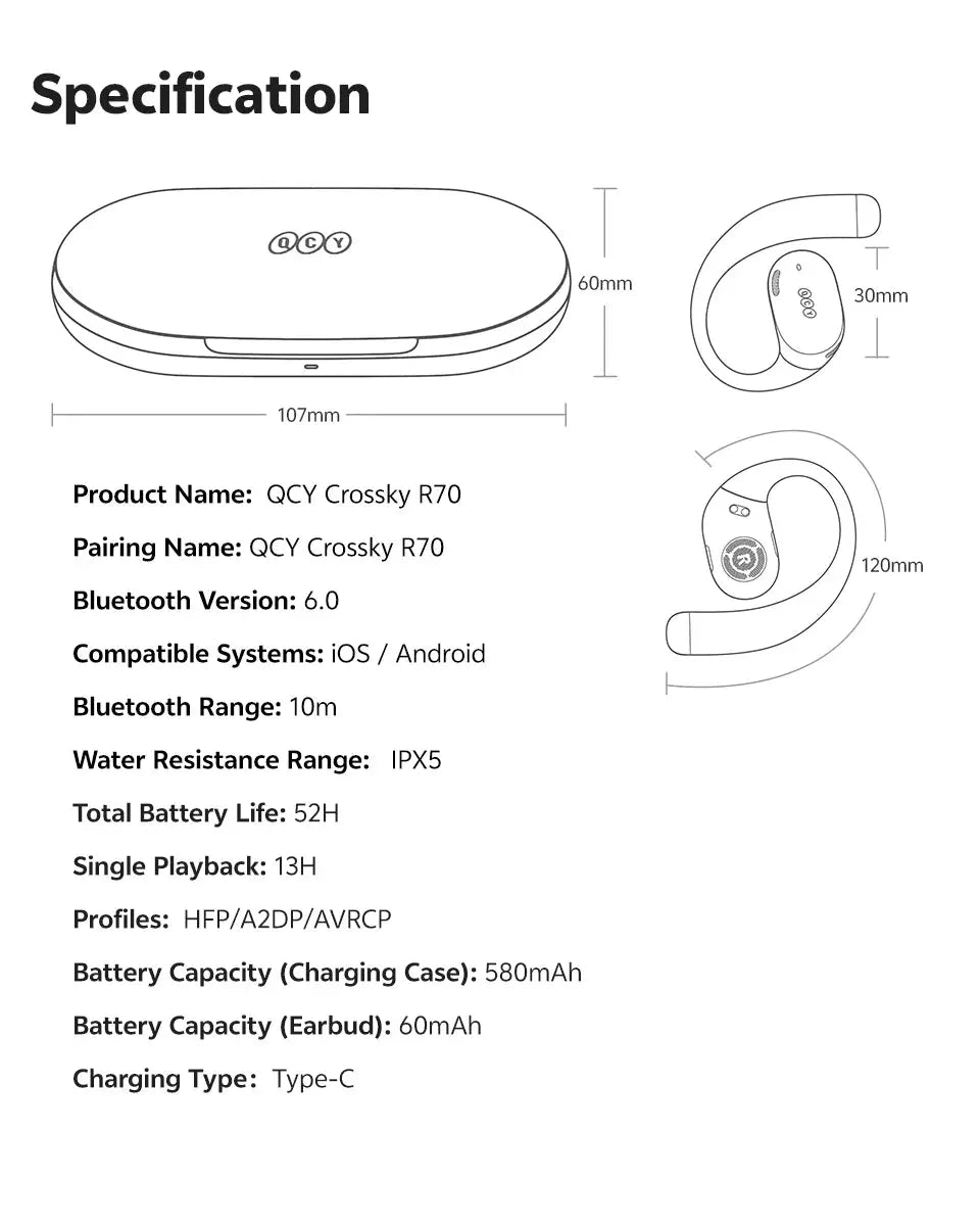 QCY Crossky R70 open-ear wireless headphones, Bluetooth 6.0, 52H battery life, LDAC support
