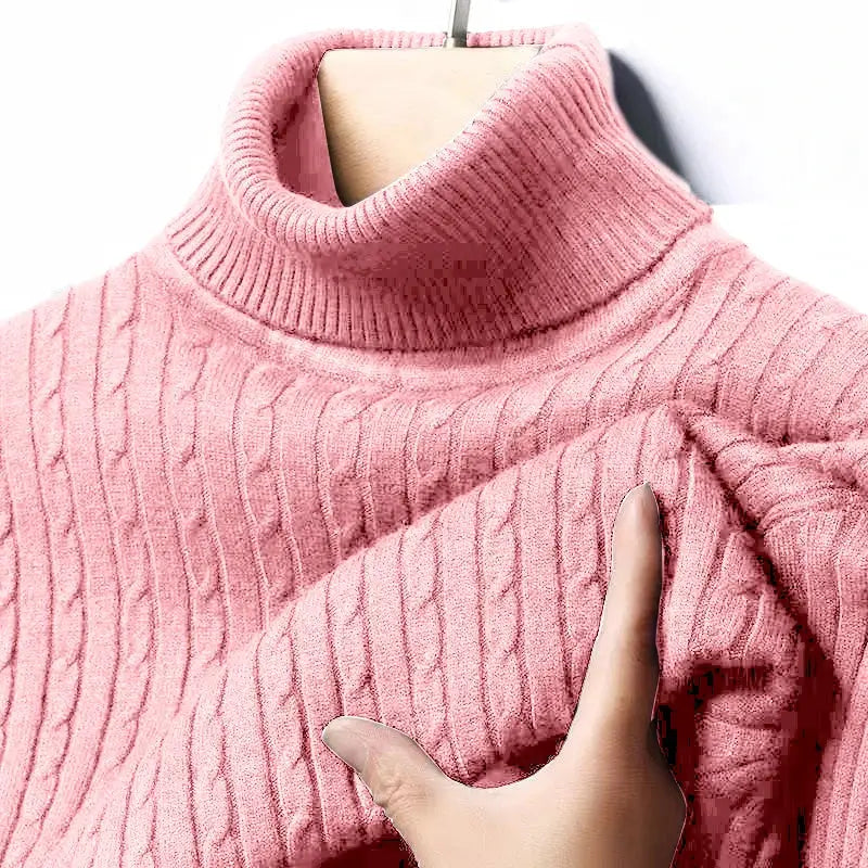 Pink ribbed knitted turtleneck sweater for men, long sleeves